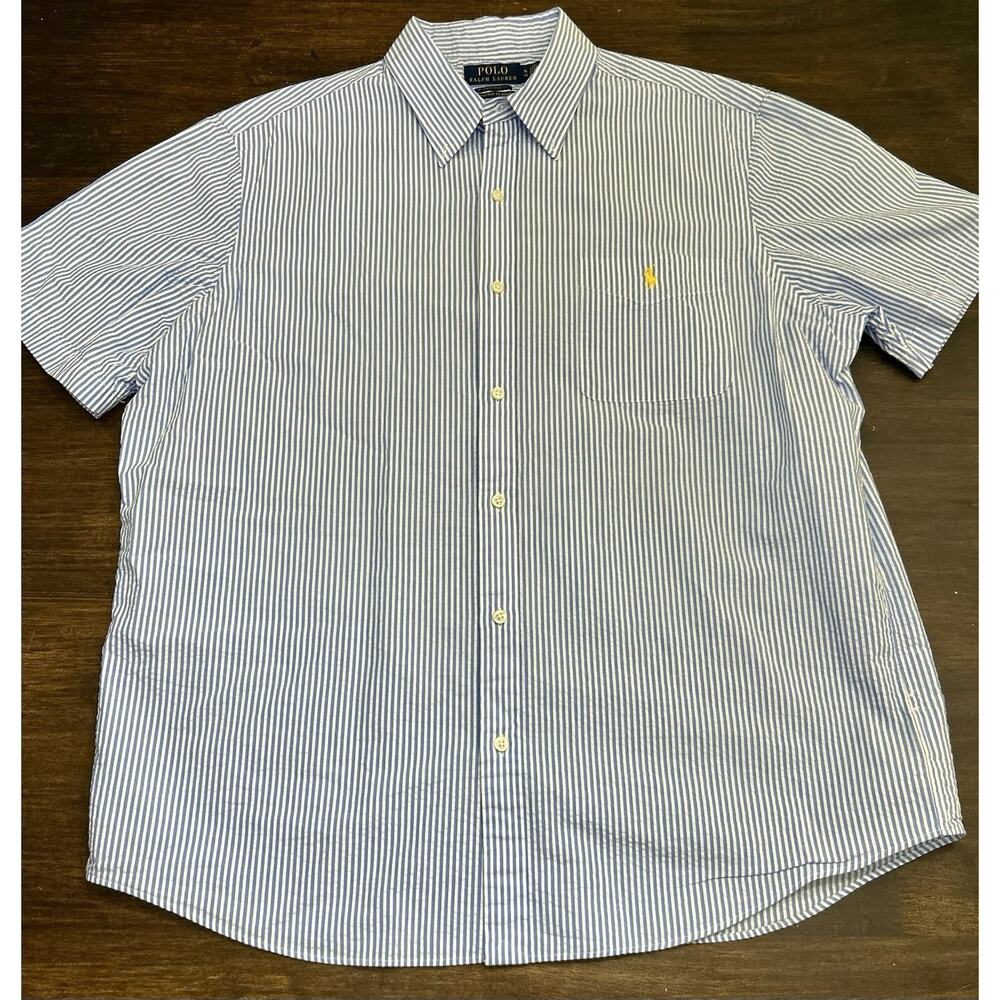 Polo Ralph Lauren Shirt Men XL Blue Check Untucked Seersucker Short Sleeve Pony